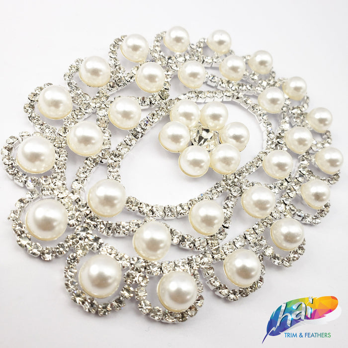 Silver Crystal Oval Pearl Rhinestone Applique on Metal Setting, YH-019