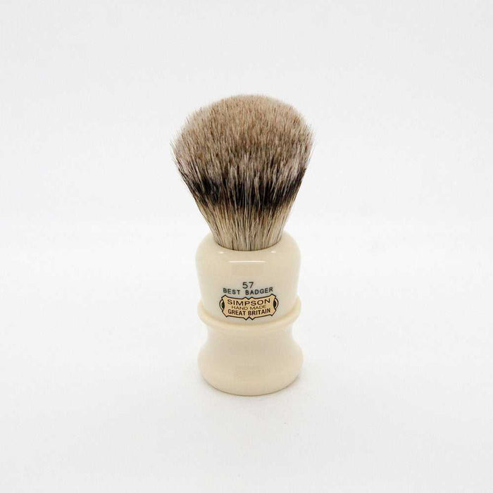 Close-up of Simpsons 57 Shaving Brush with Best Badger bristles, ergonomic handle, face lathering, handmade in Isle of Man
