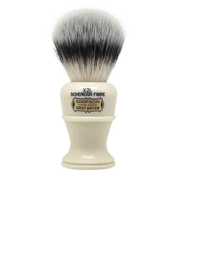 Simpson Colonel X2L shaving brush with synthetic fibers in faux ivory handle