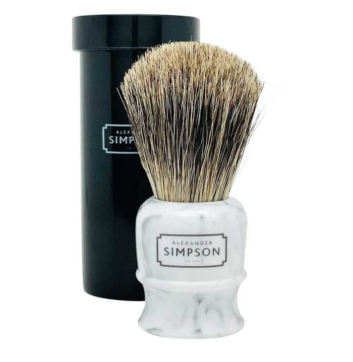 Simpson Highbury small shaving brush with marble handle and travel tube