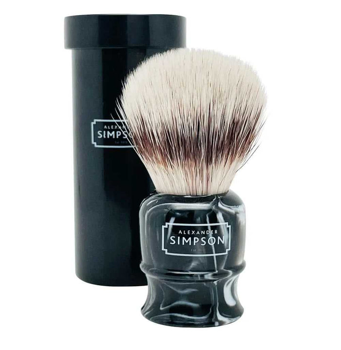 Alexander Simpson shaving brush with marbled handle and black travel tube