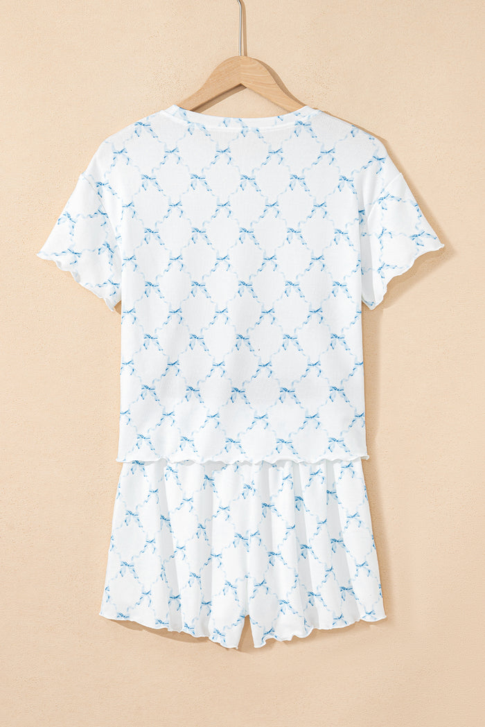 Sky Blue Bow Knot Geometric Print Lettuce Trim Two Piece Lounge Set 🇨🇳