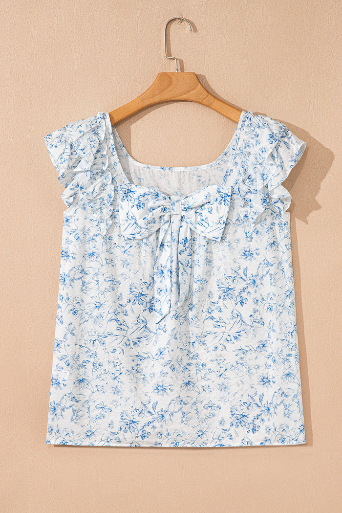 Sky Blue Floral Ruffled Short Sleeve Bow Back Square Neck Blouse
