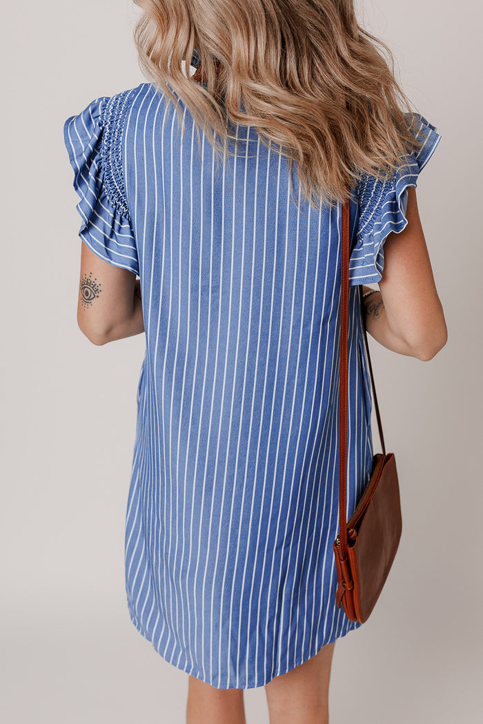 Sky Blue Stripe Frilly Split Neck Shirred Ruffle Sleeve Short Shift Dress 🇨🇳