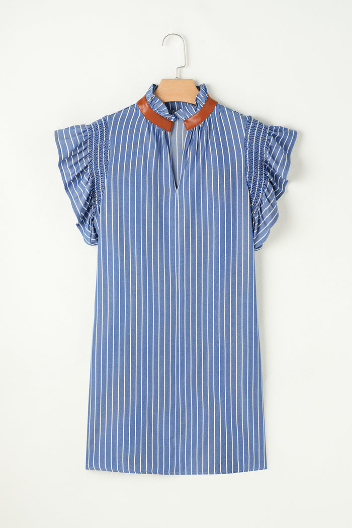Sky Blue Stripe Frilly Split Neck Shirred Ruffle Sleeve Short Shift Dress 🇨🇳