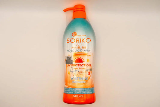 "Soriko Kojic Acid AHA UV Whitening Lotion - Thai brightening body lotion with kojic acid and AHA to fade dark spots and even skin tone"