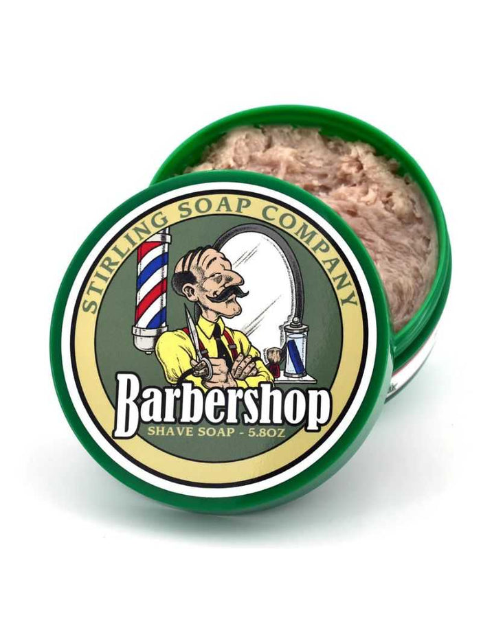 Stirling Soap Co. Barbershop Shaving Soap tin with vintage barber illustration