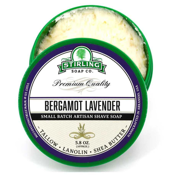 Stirling Bergamot Lavender shaving soap tin with lid open, showing creamy soap inside