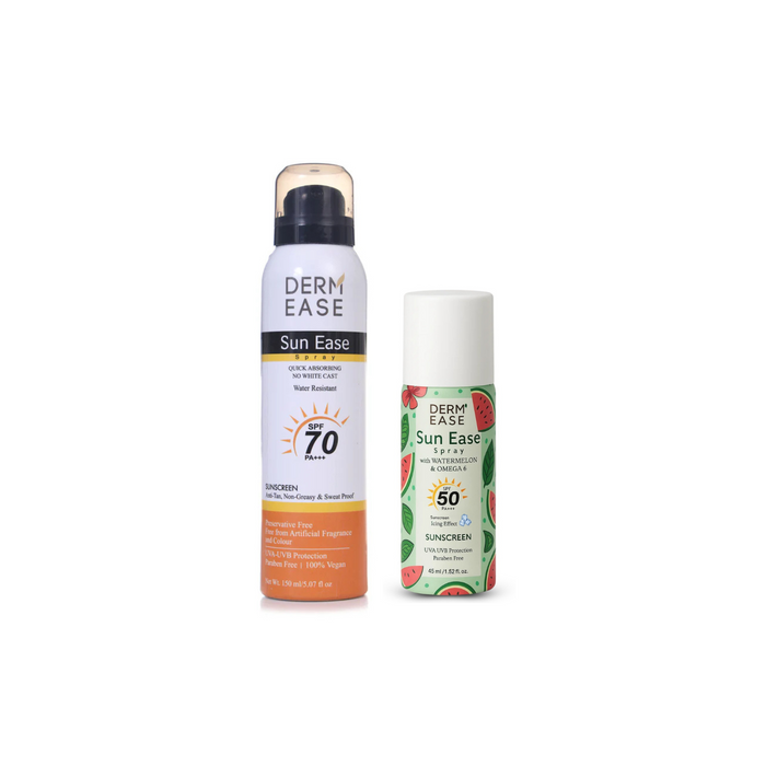 Two bottles of Dern Ease Sun Ease sunscreen spray on a white background