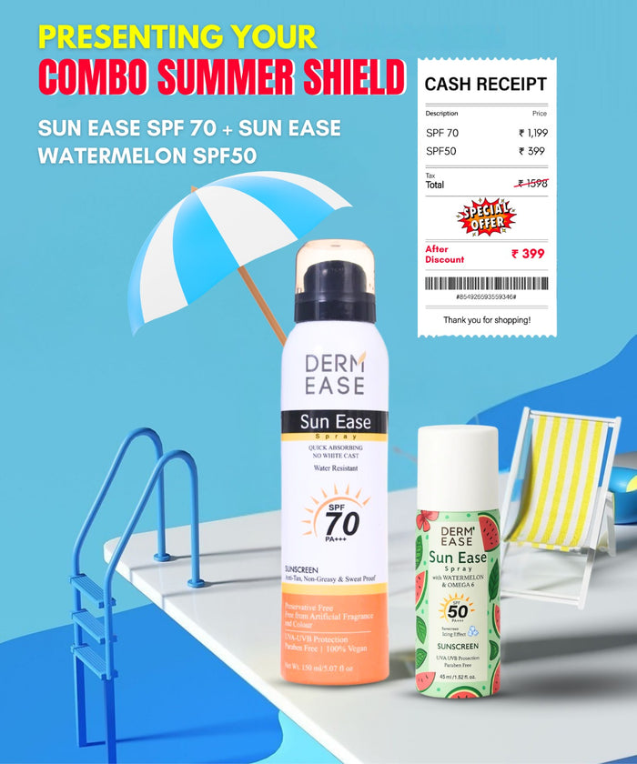 Two sunscreen bottles with an umbrella, lounge chair, and cash receipt on a blue background.