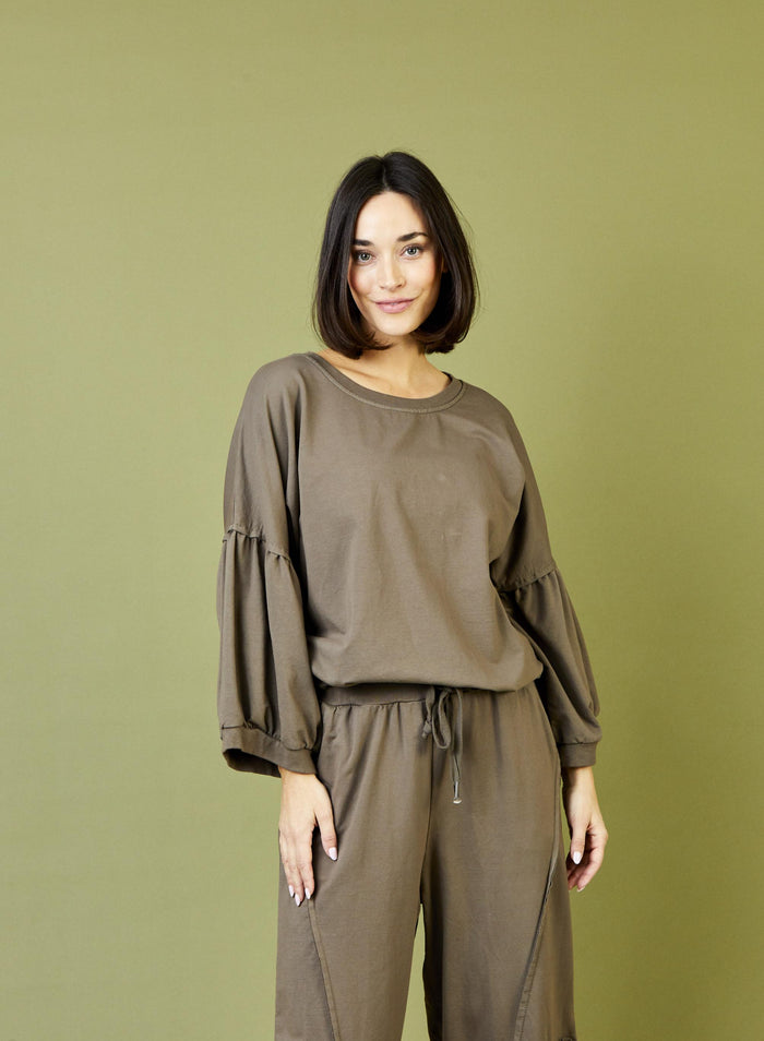 Suzy D London Bo Bubble Sleeve Sweatshirt Drawstring Hem Dark Taupe - Precious Sparkle
