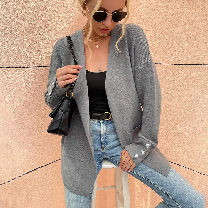 Sweater Women's Solid Color Casual Mid-length Knitted Cardigan 🇨🇳