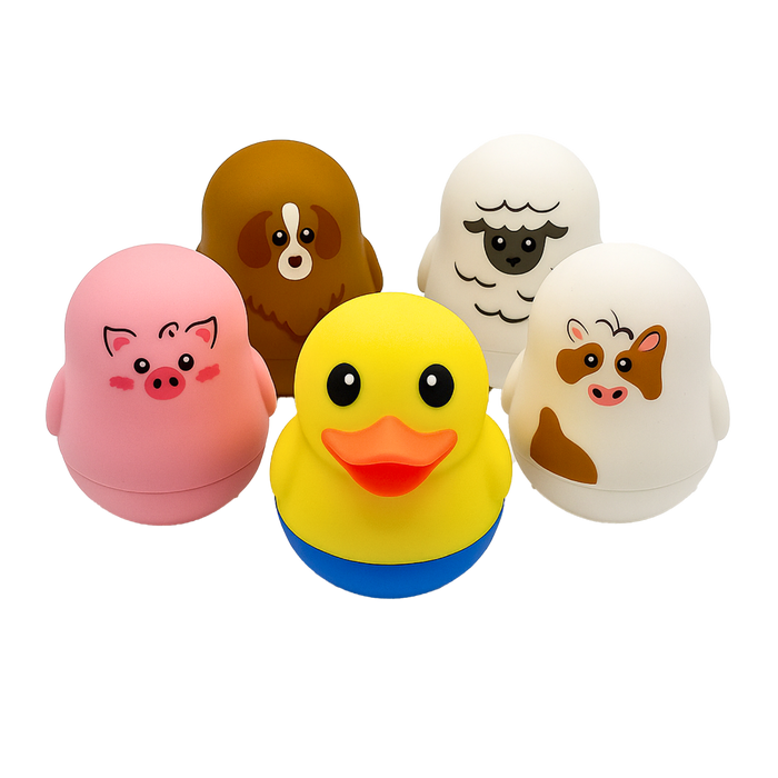 TensCare Farm Friends Bath Toys set of five figures: yellow duck, pink pig, brown dog, white sheep, and white cow on white background.