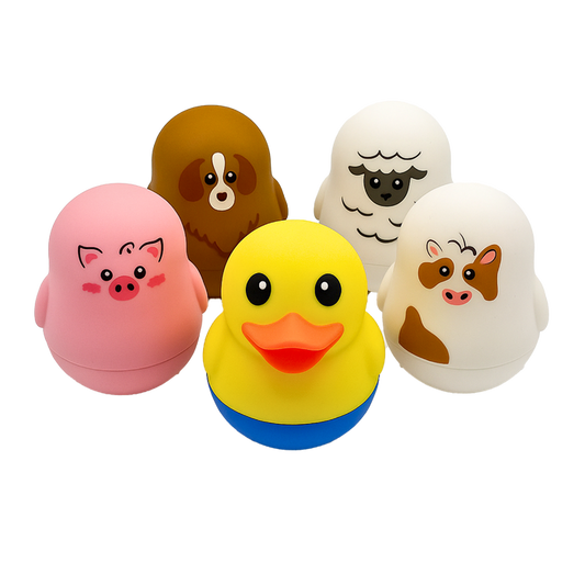 TensCare Farm Friends Bath Toys set of five figures: yellow duck, pink pig, brown dog, white sheep, and white cow on white background.