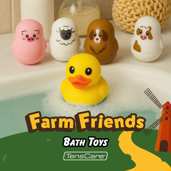 TensCare Farm Friends Bath Toys with yellow duck thermometer and four animal figures on a bath edge, green background with "Farm Friends Bath Toys" text.
