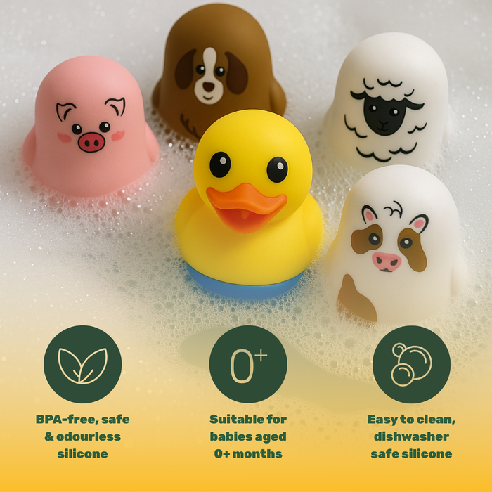 TensCare Farm Friends Bath Toys in soapy bubbles: pig, dog, sheep, cow figures and yellow duck thermometer on yellow background.