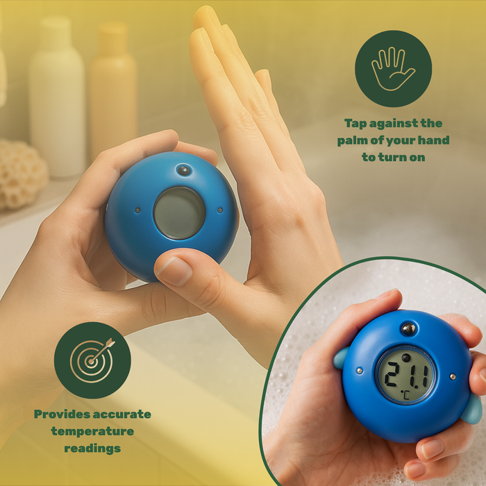 TensCare Farm Friends Bath Thermometer held in hands showing 21.1°C on LCD display, yellow-green background