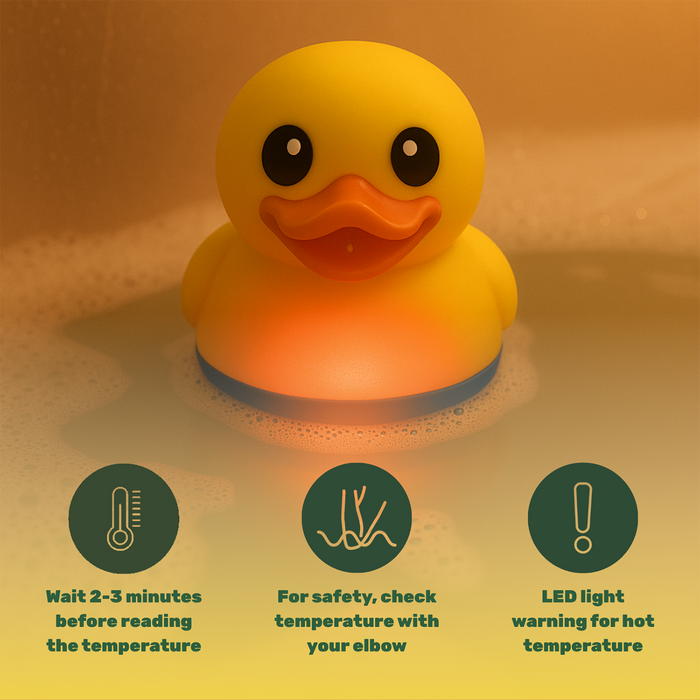 TensCare Farm Friends Bath Thermometer yellow rubber duck floating in soapy water with LED glow and safety tip icons below