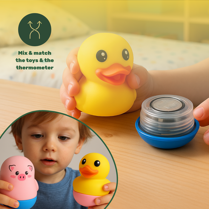 TensCare Farm Friends Bath Toys & Bath Thermometer with yellow duck toy and blue thermometer base on wooden surface, text reads "Mix & match the toys & the thermometer"