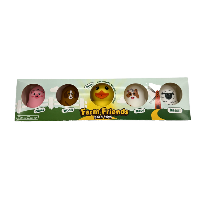 TensCare Farm Friends Bath Toys box showing pig, dog, duck thermometer, cow, and sheep figures on white background.