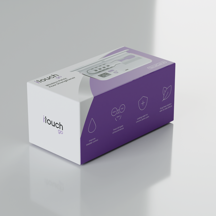 TensCare iTouch Go wireless pelvic floor strengthener box, white and purple packaging, on grey background