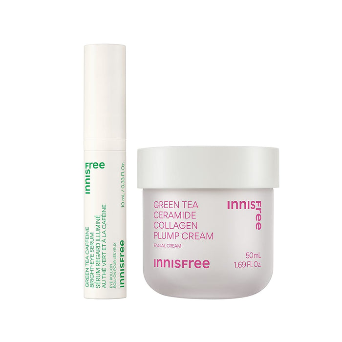 Green Tea Plump + Depuff Duo packshot: green tea eye serum and collagen cream