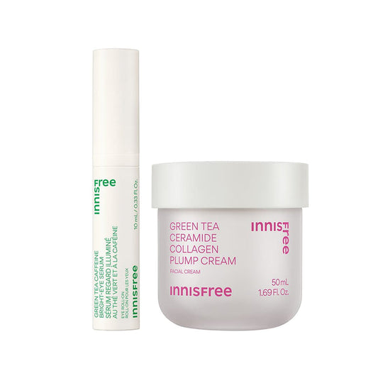 Green Tea Plump + Depuff Duo packshot: green tea eye serum and collagen cream