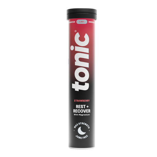 Tonic Daily Rest & Recover Strawberry effervescent tablets tube, red-black gradient, reads "Rest + Recover With Magnesium, Max Strength, Junk Free"