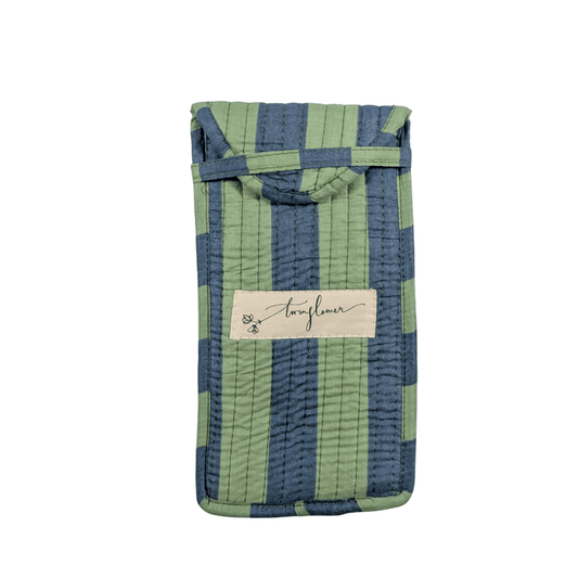 Twinflower Blue & Green Striped Print Quilted Glasses Case - Precious Sparkle