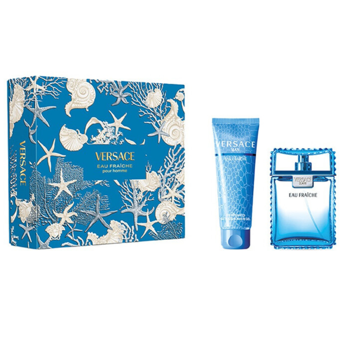Versace Man Eau Fraîche gift set on white background: blue seashell-print box, shower gel tube, and EDT bottle