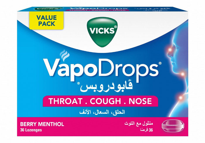 Vicks Vapo Drops Lozenges Berry & Menthol Flavor for Cough, Blocked Nose & Sore Throat, 36 Pieces - Makkah Pharmacy