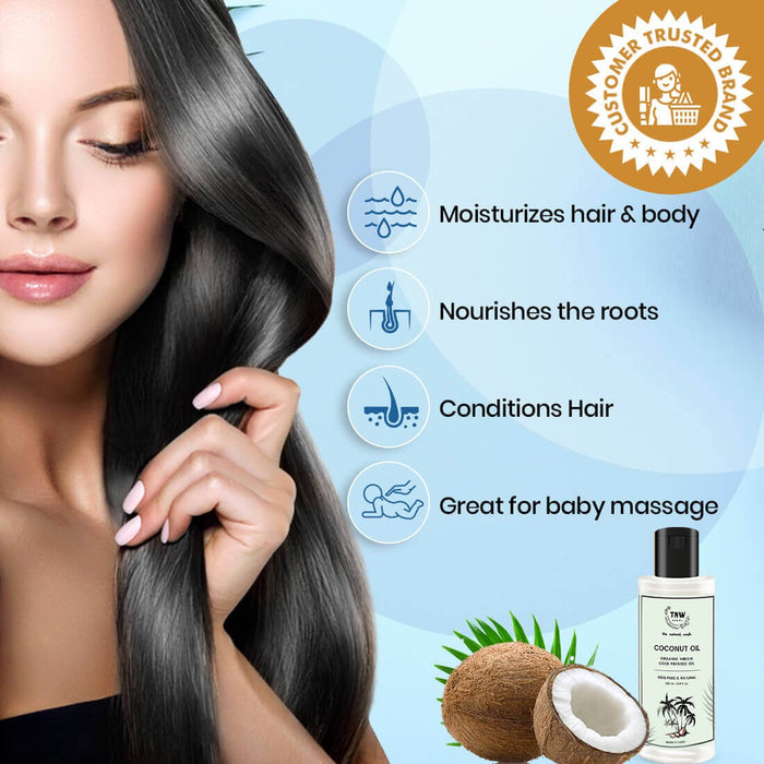 Woman with long hair touching it, coconut oil bottle, and text about hair and body benefits on a blue background.