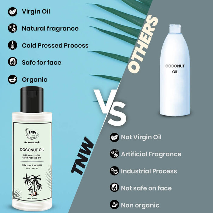 Comparison chart between TNW coconut oil and 'Others' coconut oil on a blue and gray background.