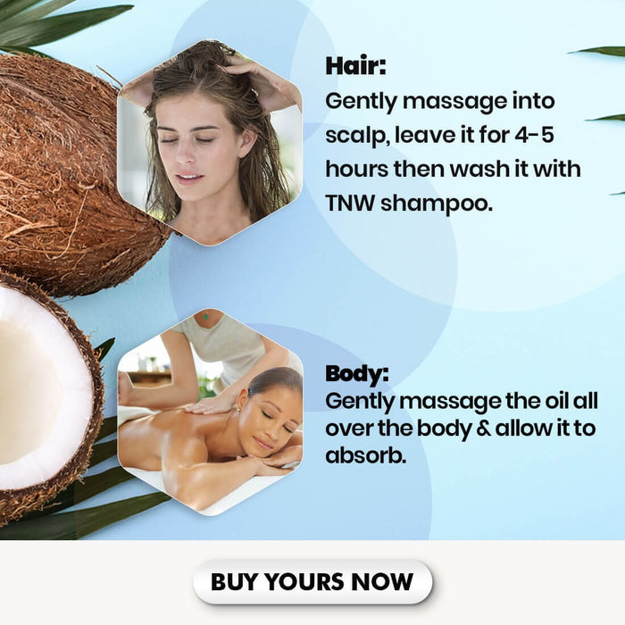 Promotional graphic with a woman, coconuts, and text about using an oil product.
