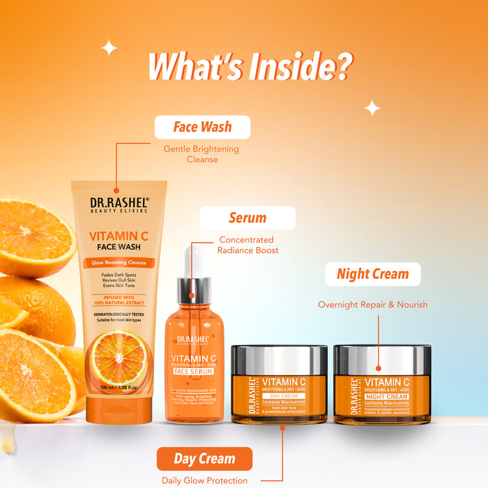 Vitamin C Skincare Combo Kit | Face Wash, Serum, Day Cream & Night Cream | For Bright & Glowing Skin with Pouch