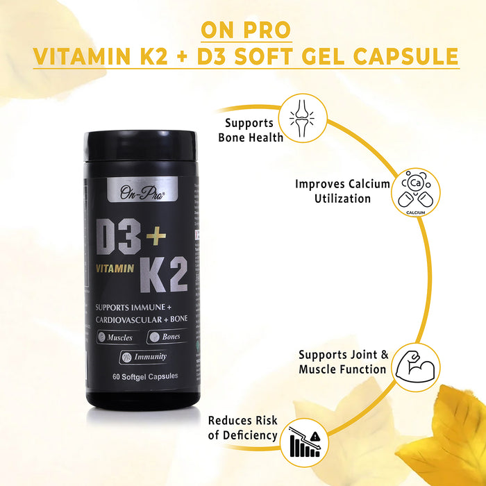 On-Pro Vitamin K2 + D3 soft gel capsule bottle with benefits on a light yellow background
