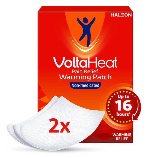 VoltaHeat Pain Relief Warming Patch 2 Pack red box by Haleon, non-medicated, up to 16 hours, two white patches shown, white background.
