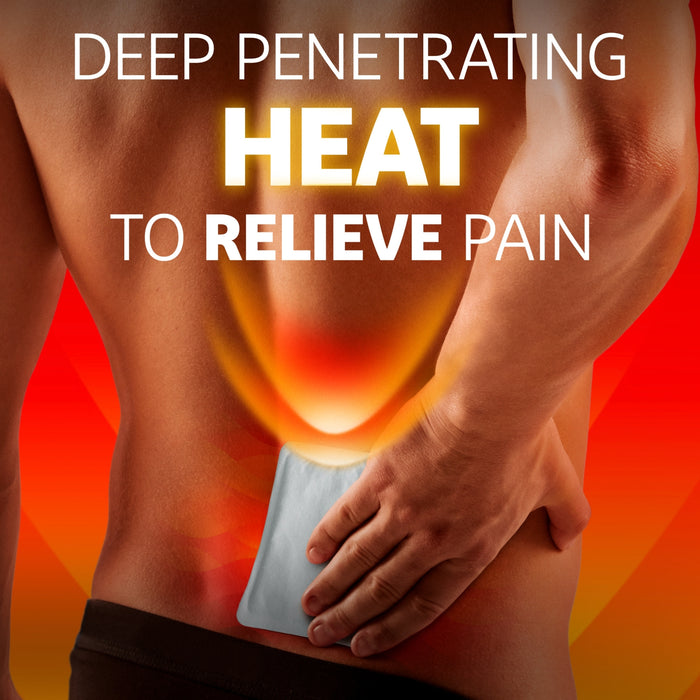 VoltaHeat Pain Relief Warming Patch applied to lower back on red-orange background, text reads "Deep Penetrating Heat to Relieve Pain"