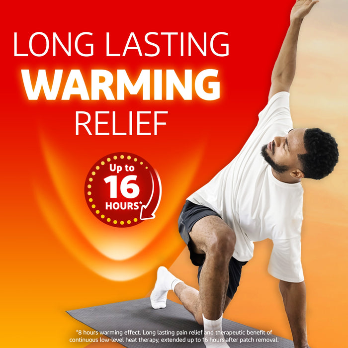 VoltaHeat Warming Patch red-orange background, man stretching on yoga mat, text "Long Lasting Warming Relief, Up to 16 Hours"