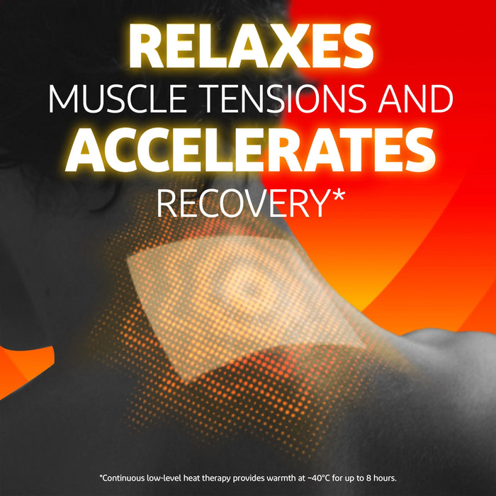 VoltaHeat patch applied to neck on red-black background, text: "Relaxes muscle tensions and accelerates recovery"
