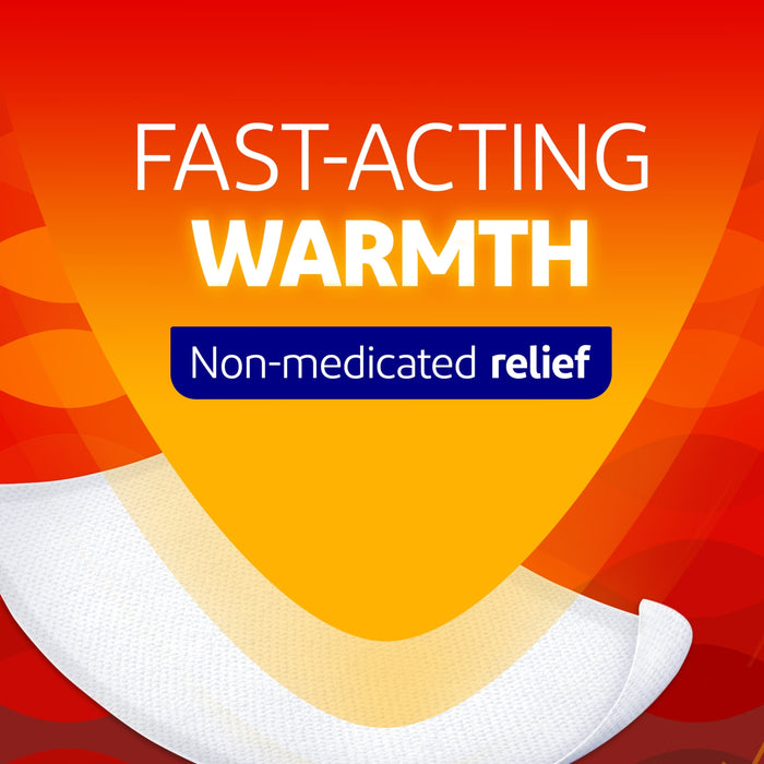VoltaHeat Warming Patch on red-orange background, text reads "Fast-Acting Warmth" and "Non-medicated relief" with white patch shown.