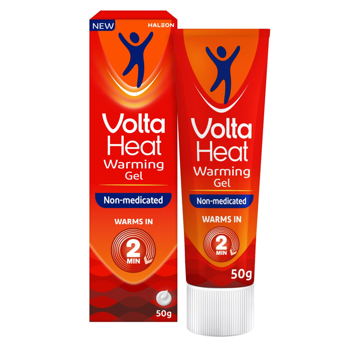 VoltaHeat Warming Non-Medicated Gel 50g red box and tube on white background, labelled "Warms in 2 Min"
