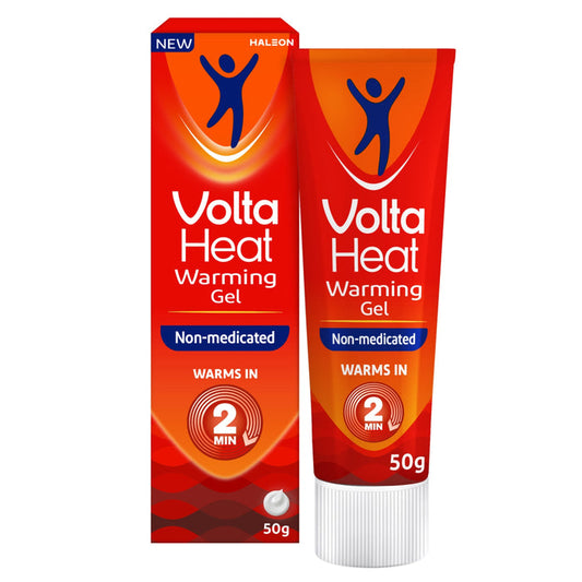 VoltaHeat Warming Non-Medicated Gel 50g red box and tube on white background, labelled "Warms in 2 Min"