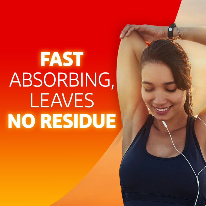 VoltaHeat Warming Non-Medicated Gel on red-orange background with woman stretching. Text reads "Fast Absorbing, Leaves No Residue"