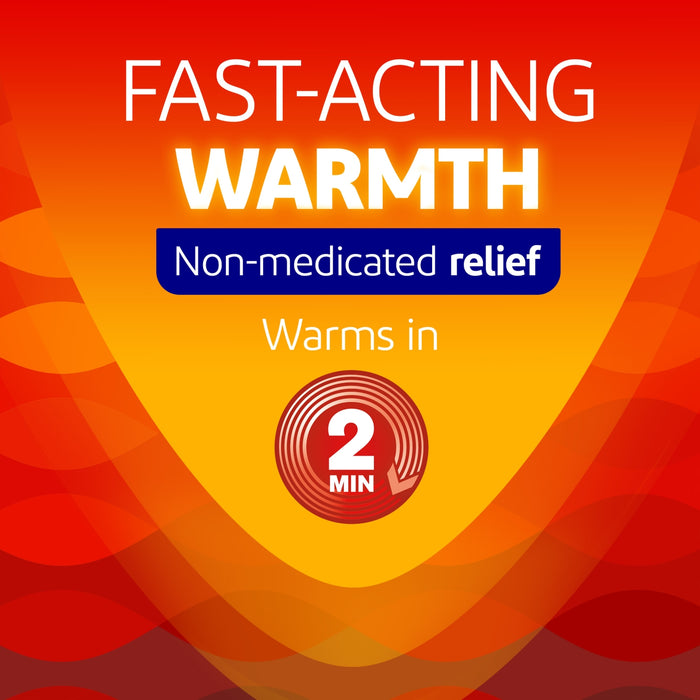 VoltaHeat Warming Non-Medicated Gel graphic on red-orange background reading "Fast-Acting Warmth, Non-medicated relief, Warms in 2 Min"