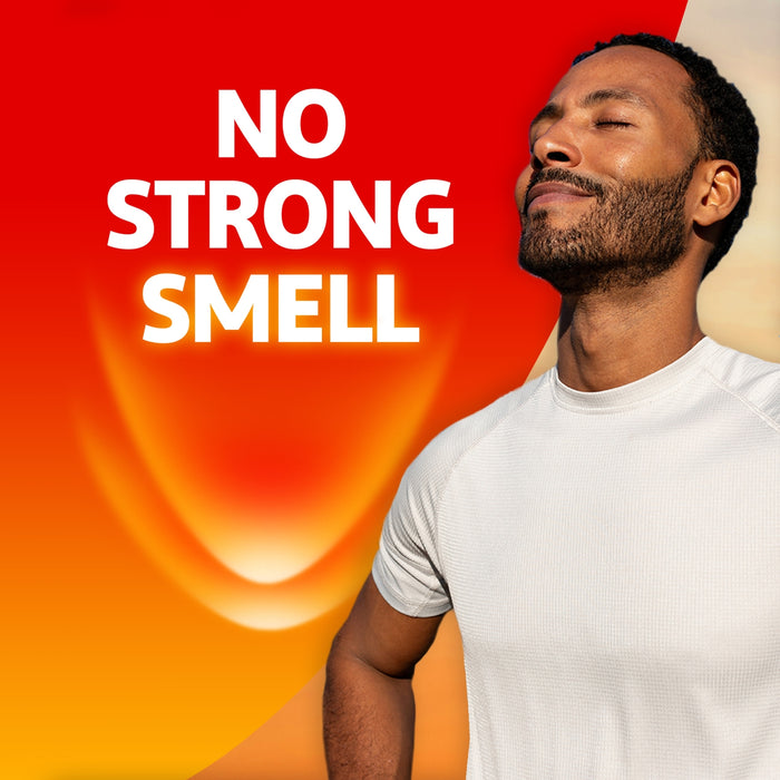 VoltaHeat Warming Non-Medicated Gel ad on red-orange background, man in white t-shirt, eyes closed, text reads "No Strong Smell"