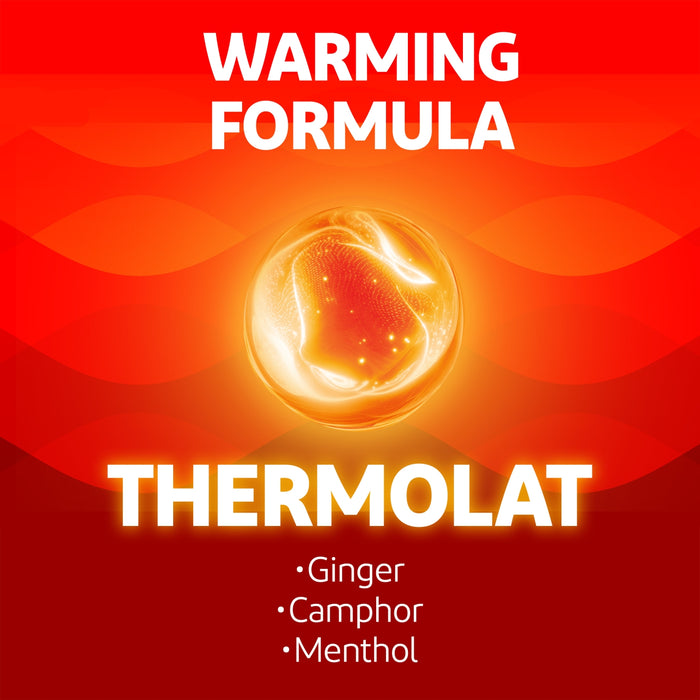VoltaHeat Warming Gel red background graphic showing glowing orb, text reads Warming Formula, Thermolat, Ginger, Camphor, Menthol