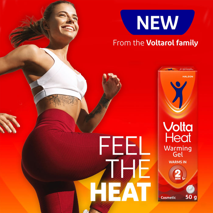 VoltaHeat Warming Gel 50g orange box on red background, woman exercising, text reads "Feel The Heat" and "Warms in 2 Min"