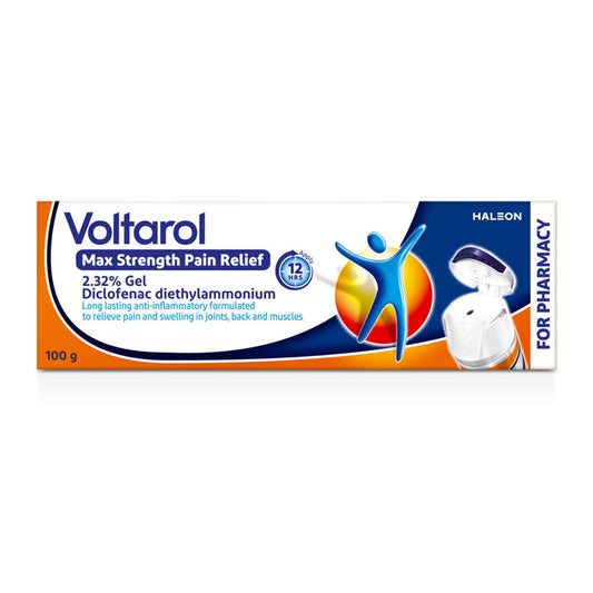 Voltarol Max Strength Pain Relief 2.32% Gel 100g box, orange and navy, showing tube, "Apply 12 HRS", "For Pharmacy", white background.