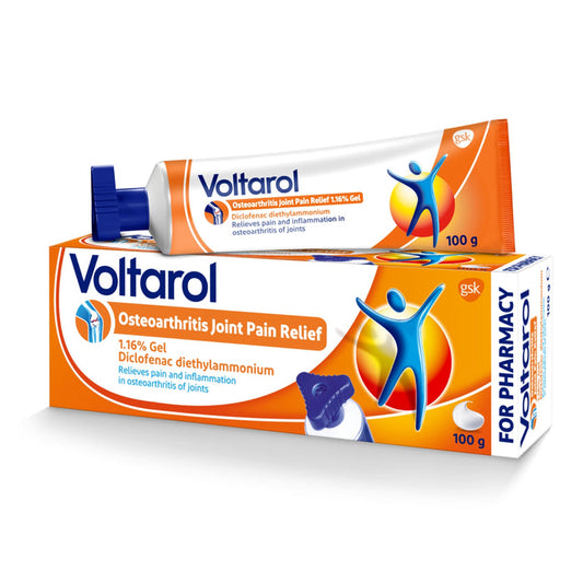 Voltarol Osteoarthritis Joint Pain Relief 1.16% Gel 100g orange box and tube with blue cap on white background